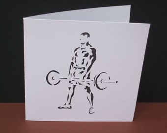 Weight Lifter Card - Strong Man - Paper Cut Card - Handmade Greeting Card - Fitness - Gym - Birthday Card - Husband, Boyfriend, Personalised