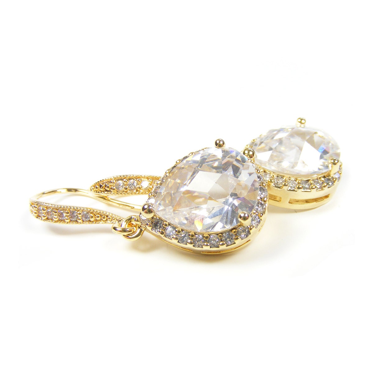 Gold Bridal Earrings, Gold Faceted Crystal Teardrops, Bridesmaid Gifts, Wedding Earrings, Prom Earrings