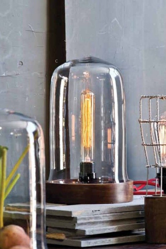 Items similar to Glass & Wood Base Edison / Filament Bulb Dome Lamp on Etsy