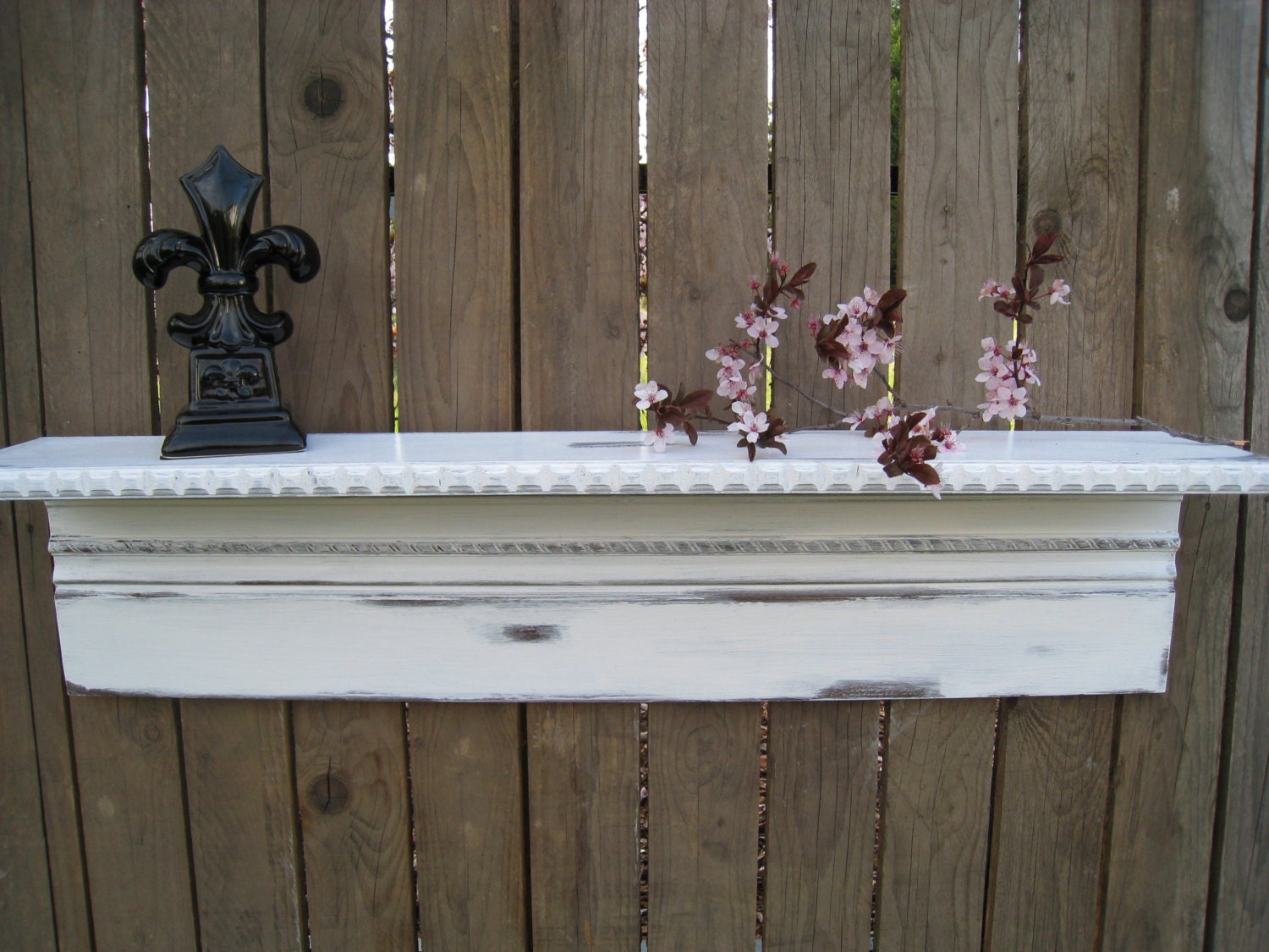 White Distressed Wood Wall Shelf with Dentil Molding