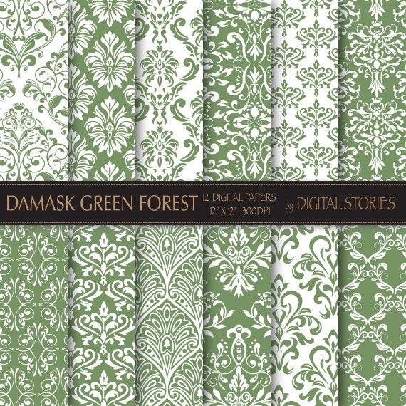 Items similar to Damask Digital Paper "DAMASK GREEN FOREST" scrapbook paper with vintage