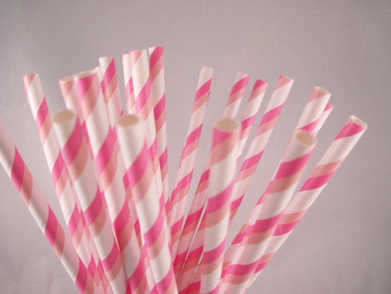 25 Hot Pink and light pink Stripe Straws - ships less than 24 hours Il_570xn