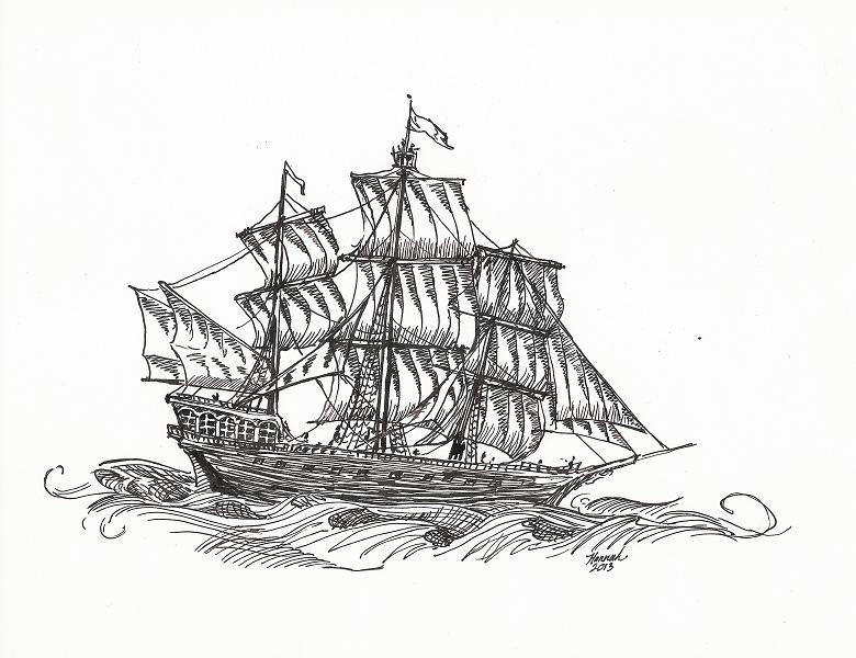 Sailing Ship/Pirate Ship Original Ink Drawing