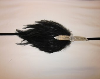 1920s rhinestone flapper Headband Serre Tete wedding party Black Feather with Rhinestones Silver Swarovskis beading Fascinator