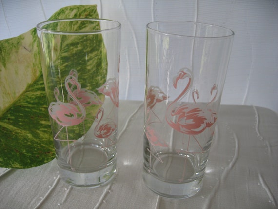 Flamingo Drinking Glasses Vintage Pink And Grey Set Of 2 0754