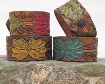 Leather Bracelet, Leather Cuff, Hand-Painted and Embossed with Flowers