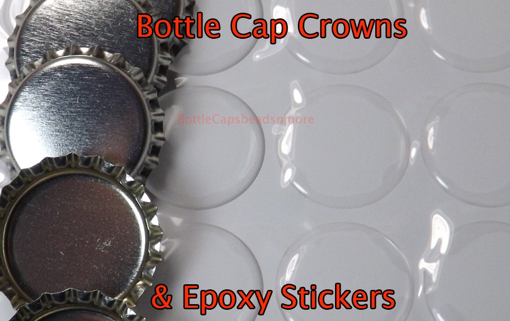 50 Bottle caps and 50 Epoxy Stickers NO HOLES Bottlecap and Epoxy