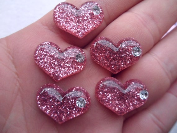 10pcs resin Hearts glitter pink cabochons