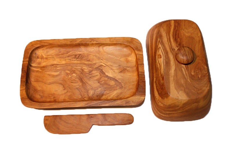 Wooden carved butter dish & knife from Olive wood