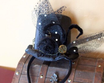 Black Steampunk Hat with Rhinestones Art Nouveau Art Deco Victorian Edwardian Cosplay Mini Top Hat headband Downton Abbey Gatsby