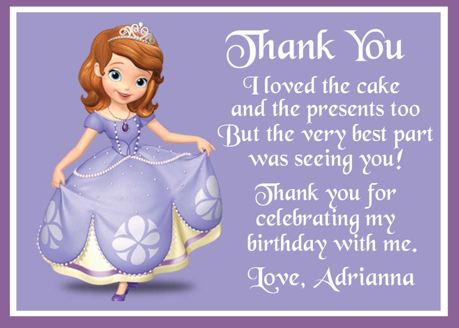 Sofia the First Birthday Thank You Card by PrettyPaperPixels
