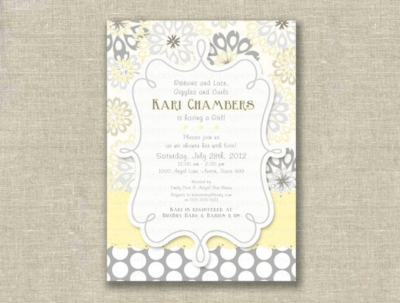 Modern Baby Shower Girl Invitation Invite Yellow Gray Floral Polka Dots - Printable DIGITAL - by girls at play girlsatplay Il_570xn