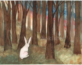Original Watercolor Rabbit Painting - Rabbit in the Woods - Woodland Wall Art