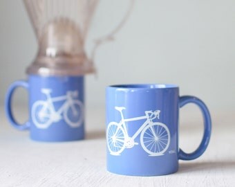 Bike mug - blue and white - screen printed bicycle coffee cup