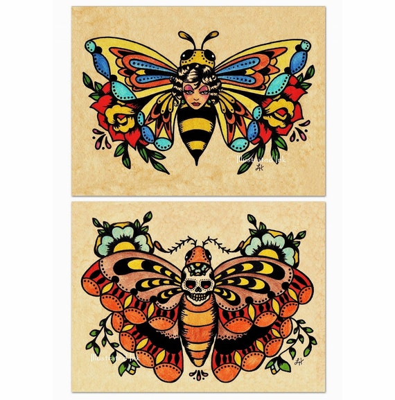 old tattoo art flash bee butterfly amp skull moth prints old tattoo art flash bee butterfly amp skull moth prints