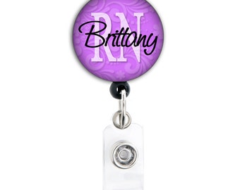 Retractable ID Badge Holder - Personalized Name and Title - Patterned Blue Pink Purple RN CNA, and other abbreviations