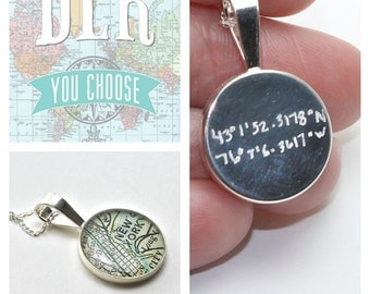 Latitude and Longitude Custom Coordinate Jewelry Vintage Map Sterling Round Necklace with Handwritten Engraving. You Select the Journey.