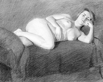 Original Female Nude Life Drawing in Graphite - Jacy Reclining