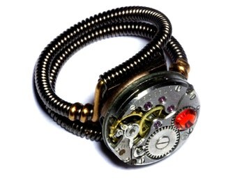 Steampunk ring, Steampunk Jewelry, Watch Movement Steampunk Ring with Fire Opal Crystal by Catherinette Rings