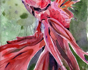 Painting of Red Betta Fish - Original Watercolor on Paper Art by Jen Tracy