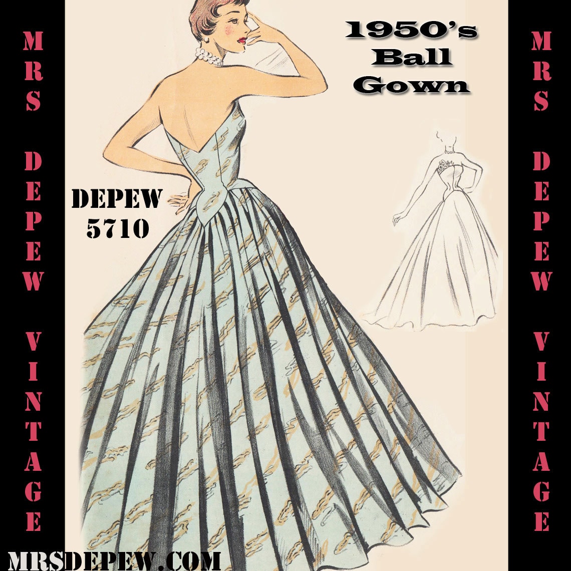 Vintage Sewing Pattern 1950's Evening Ball Gown in Any