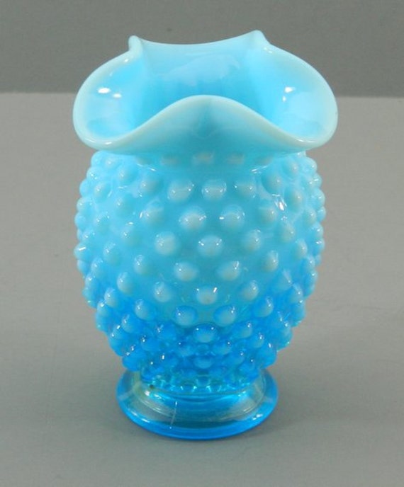 Fenton Blue Glass Opalescent Hobnail Vase Small Bud Ruffled 5268