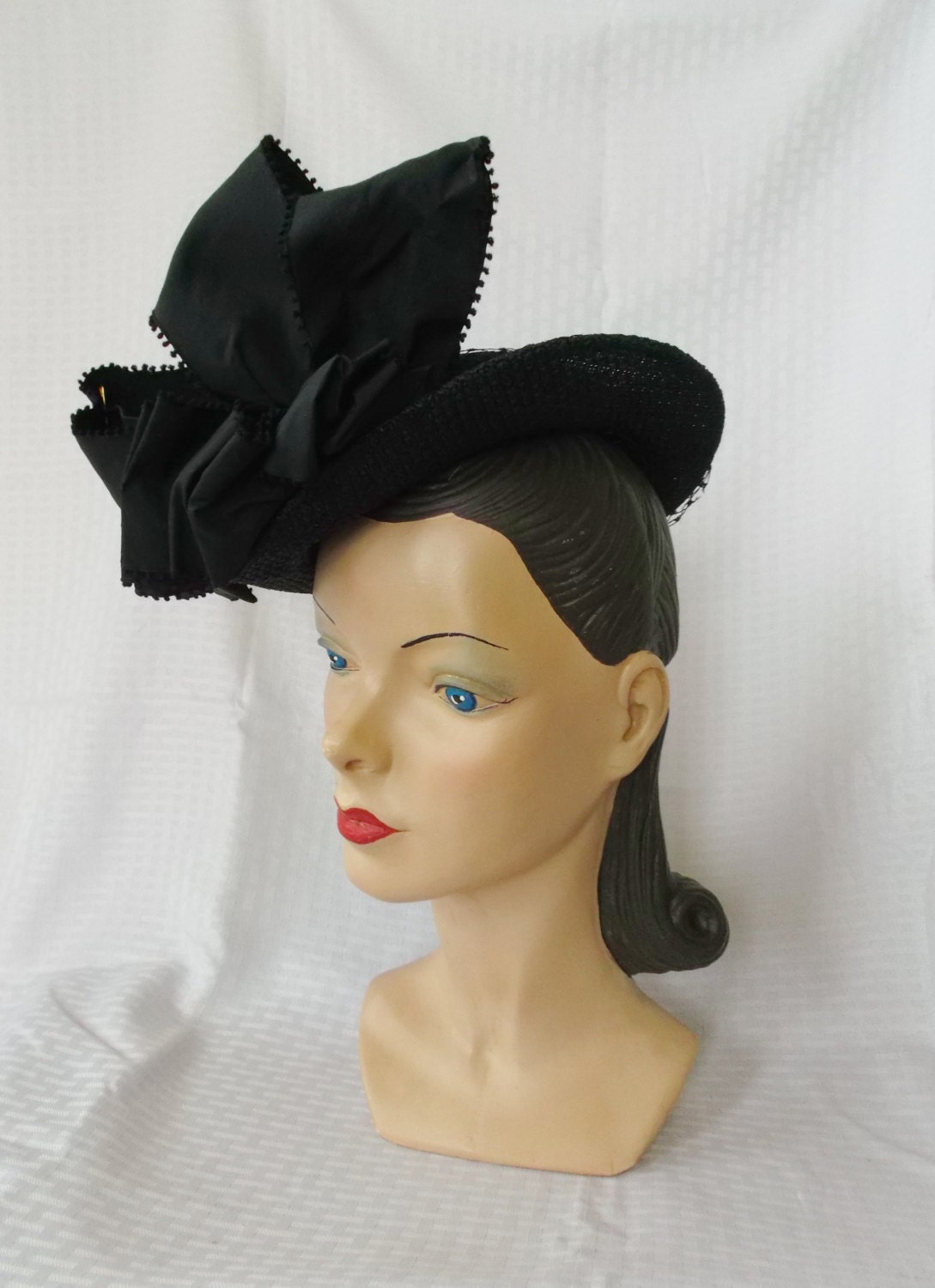 1940's Vintage Black Tilt Hat with Huge Bows New York