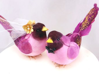 Fancy Finch Wedding Cake Topper in Deep Purple: Bride & Groom Love Bird Cake Topper