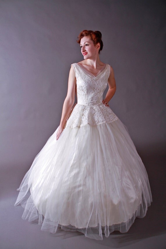 Vintage 1950s Wedding Gown Glamorous Ivory Tulle And By Fabgabs 4549