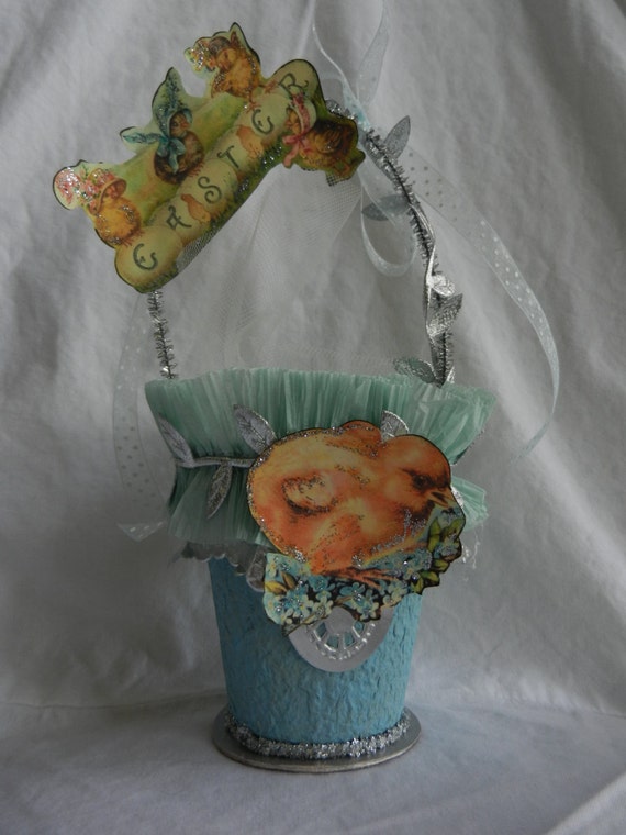 Items similar to Crepe Paper Basket Easter Chick Blue Silver on Etsy
