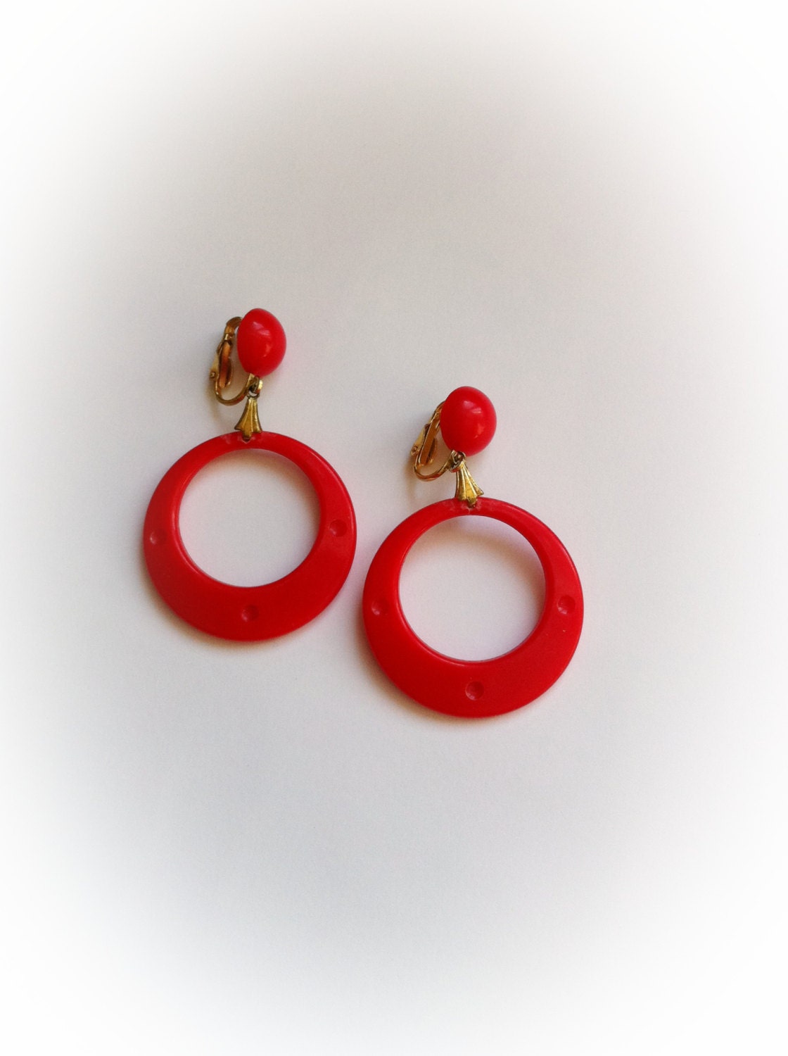 Vintage Hoop Earrings Red Plastic Dangle Clip Ons