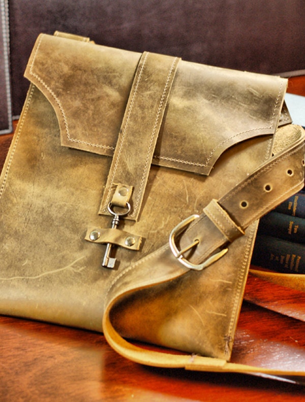 Distressed Brown Leather Messenger Bag Boho Bag with Antique