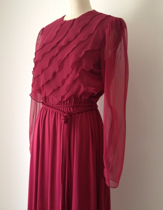 Cranberry Red Prom Dress  Vintage 70s Sheer ruffle front long ...