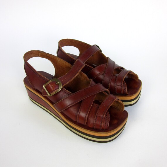 Womens Size 5W Open Leather Platform Sandals 70s / Vintage