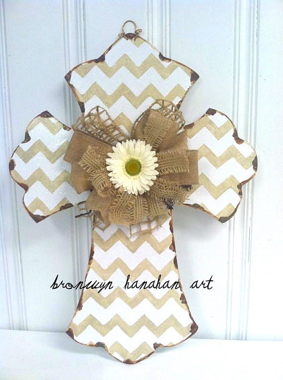 Taupe and White Chevron Cross Door Hanger - Bronwyn Hanahan Art