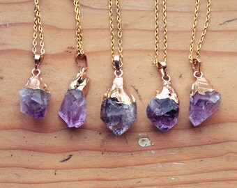 Gold Dipped Raw Amethyst Crystal Drop Necklace - Rough Clear Pastel Purple Spike Point Cluster Gold Plated Chain, Natural Layering