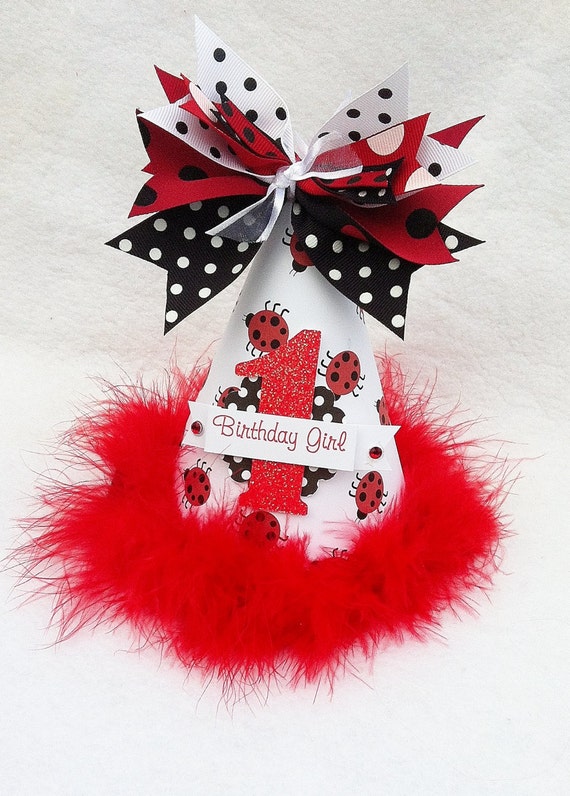 Little Ladybug Birthday Party Hat in white, red and black polka dot