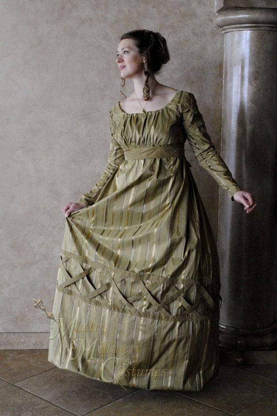 Olive Green Jane Austen Style Gown Dress with long sleeves and