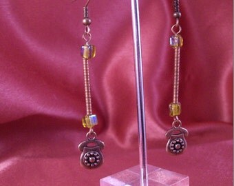 Copper Rotary Dial Telephone Dangle Earrings