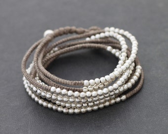 Silver Taupe Beaded Wrap Bracelet Necklace