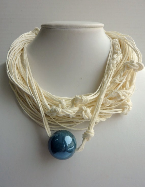 Jewelry Silk Linen Necklace with Blue Ceramic Bead