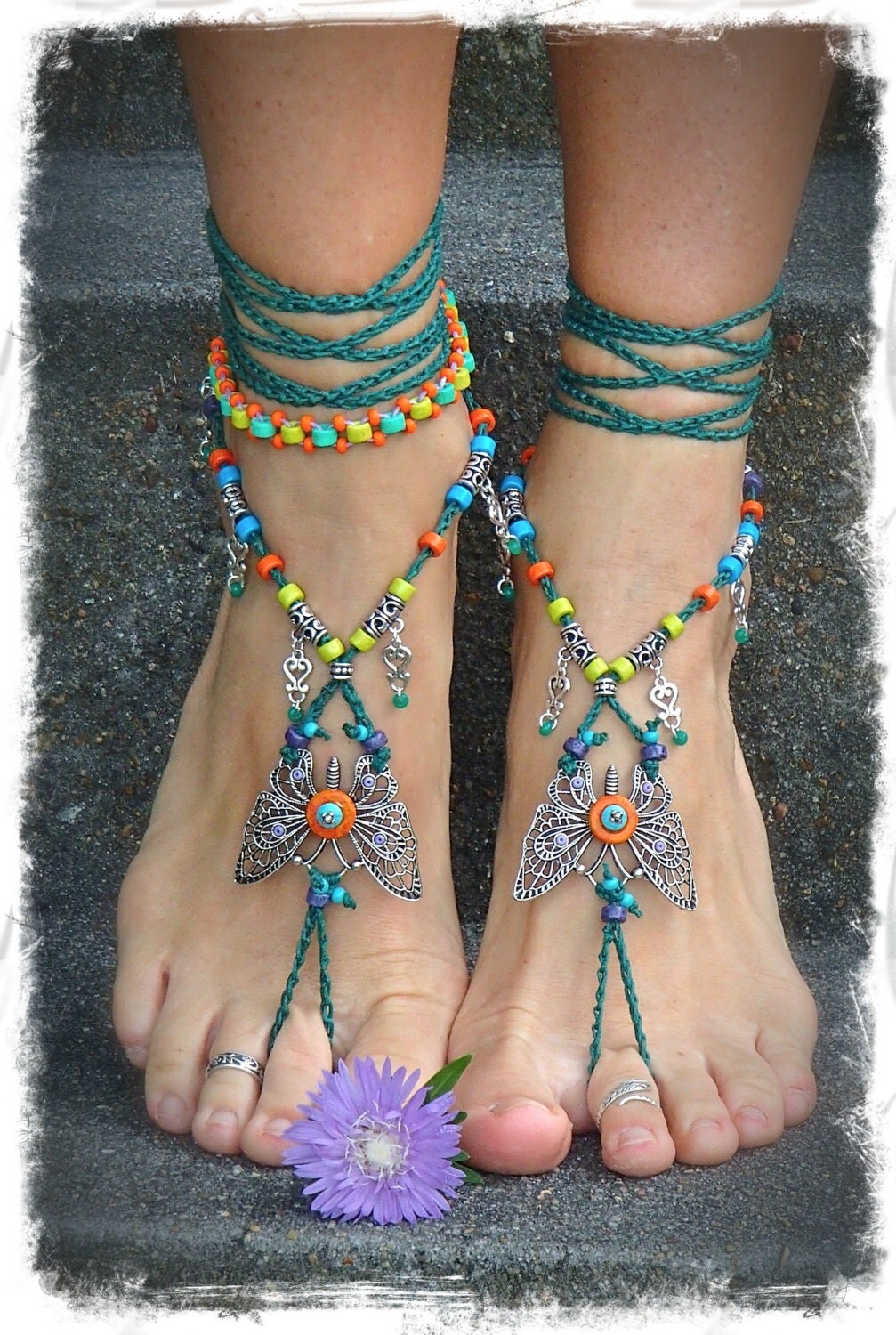 Reserved / BUTTERFLY BAREFOOT Sandals Jade Green silver