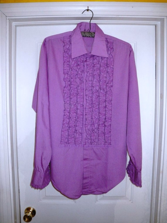 Vintage 1970s Ruffled Purple Tux Shirt Mens Large