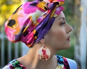 Purple Pink Yellow Black Floral Turban Chemo Head Wrap Alopecia Scarf, Hat & Scarf Set Purple Pink Yellow Black Floral Turban Chemo Head Wrap Alopecia Scarf, Hat & Scarf Set