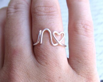 Initial Ring With Heart Any Letter Gold Silver or Copper, Personalized Bridesmaid Ring, Thank You Bridesmaid Gift Friendship Ring Under 10