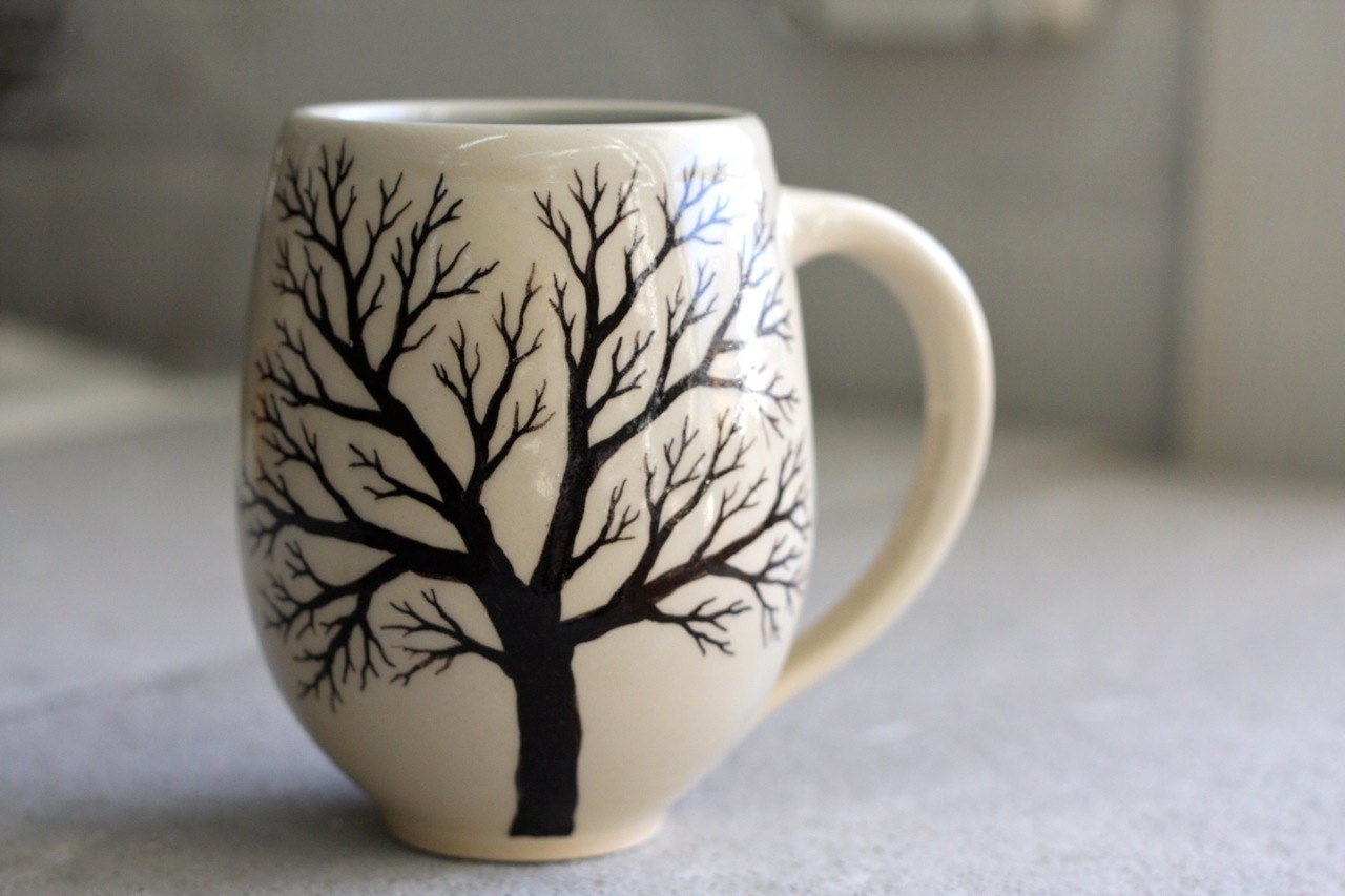 Belly Tree Mug Pottery Coffee Cup with hand painted tree in