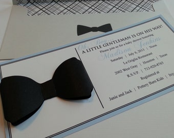 Little Gentleman Bowtie Baby Shower Invitation with paper card bow tie 