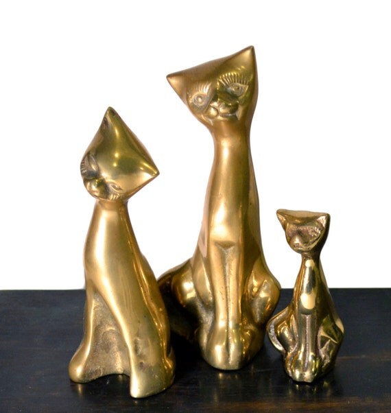 Vintage Solid Brass Cat Figurines Set of Three Collectible