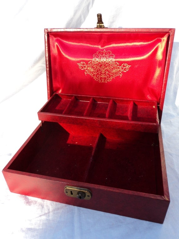 vintage jewelry box red velvet lining drawer multi level