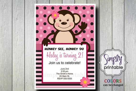 Monkey Birthday Invitation for Girls Il_570xn